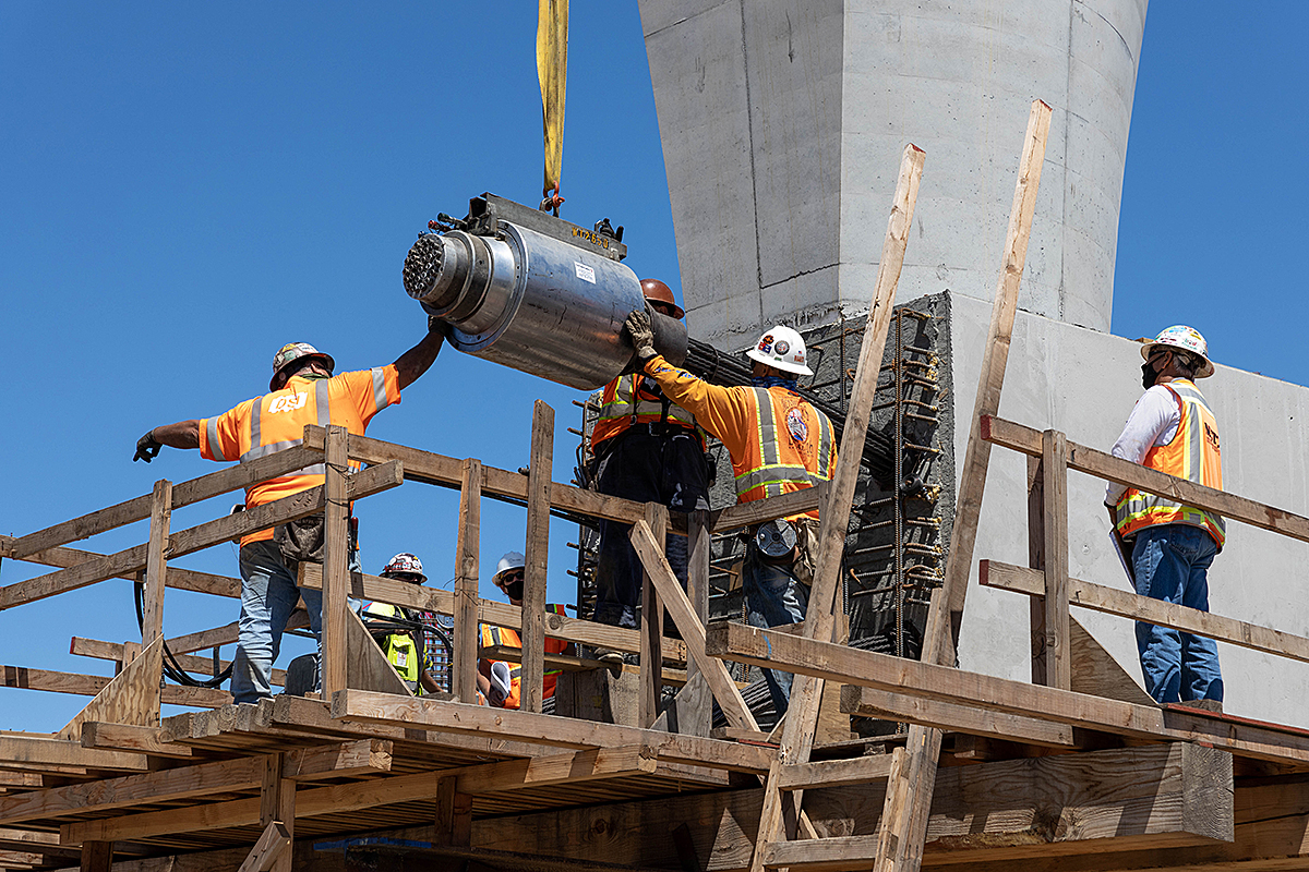 Crews reinforce a bent at the Intermodal Transportation Facility-West through a process called post-tensioning.